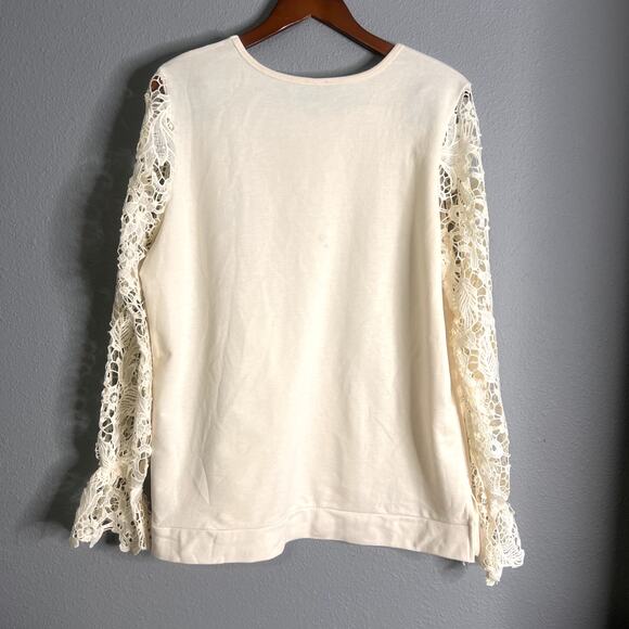 Hannah Womens Large Shirt Cream Crochet Sleeves BOHO Cottagecore Unique Artsy - Picture 4 of 10